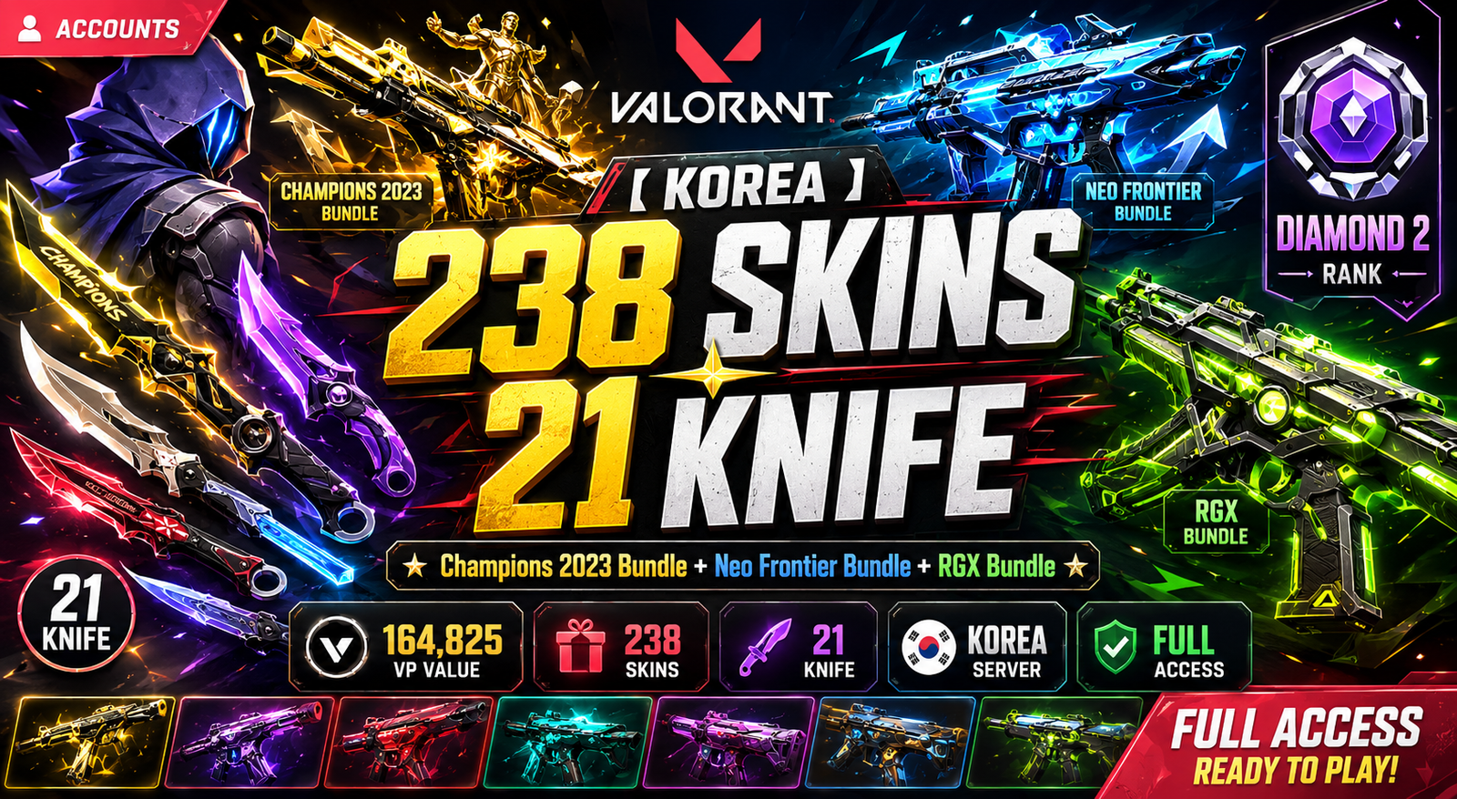 🔥 Premium VALORANT Korea Account – Loaded with Rare Skins & Knives 🔥
